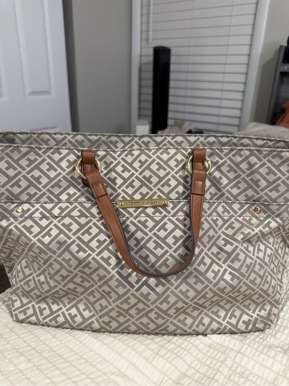 Tommy Hilfiger Monogram Logo Tote Bag Tan Brown Gold Hardware